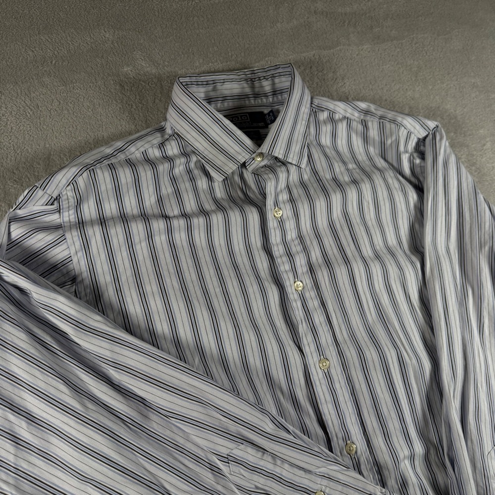 Polo Ralph Lauren Button Down Men 17 34/35 Blue White Philip Striped Shirt